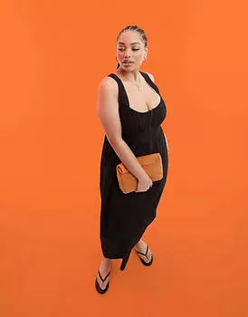 Черное практичное платье миди из стираного хлопка с молнией ASOS DESIGN Curve