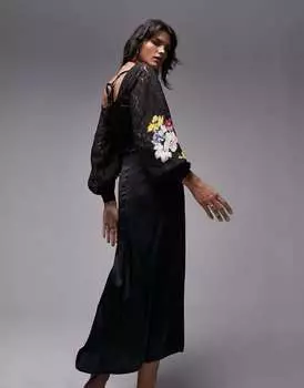 Черное праздничное платье миди премиум-класса из атласа и кружева с яркой вышивкой Topshop