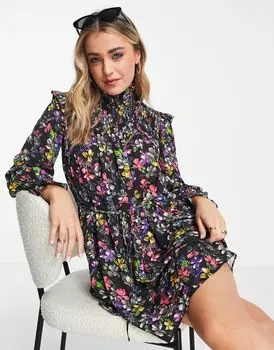 Черное присборенное платье с цветочным принтом French Connection Alanna