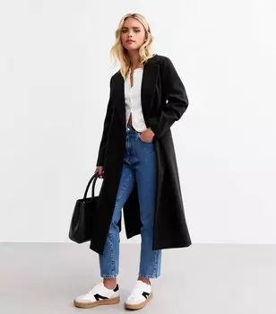 Черное приталенное длинное пальто без подкладки с поясом Petite New Look, черный