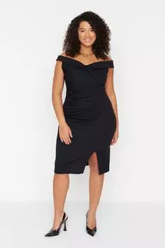 Черное приталенное трикотажное платье со сборками Trendyol, черный