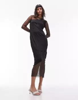 Черное прозрачное непрозрачное платье миди со складками Topshop