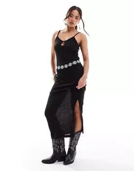 Черное прозрачное платье макси без бретелек с небольшим разрезом PIECES