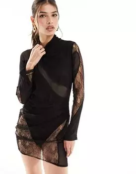 Черное прозрачное сетчатое мини-платье с кружевными вставками и боди ASOS DESIGN