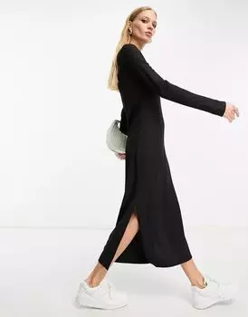 Черное прямое платье миди с разрезом по бокам River Island