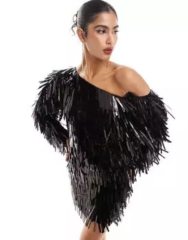 Черное прямоугольное платье мини с пайетками и открытыми плечами ASOS DESIGN