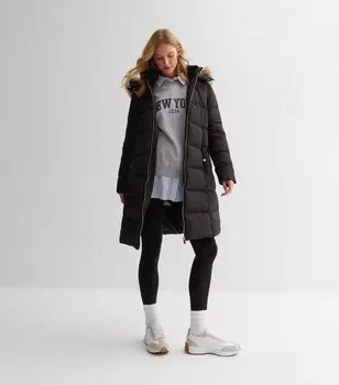 Черное пуховое пальто с капюшоном из искусственного меха для беременных New Look, черный