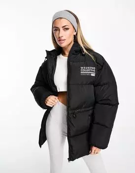 Черное пуховое пальто с логотипом и поясом ASOS Weekend Collective