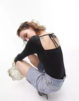 Черное пышное боди с длинными рукавами Topshop