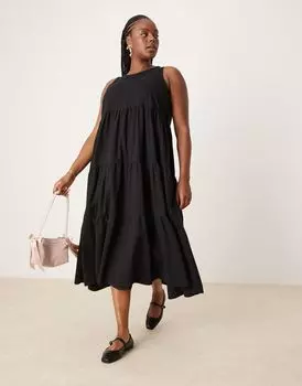 Черное ярусное платье макси из мягкого денима ASOS DESIGN Curve