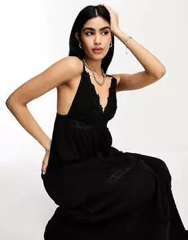 Черное ярусное платье макси с бретелями и бретелями ASOS DESIGN