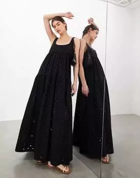 Черное ярусное платье макси с глубоким вырезом и овальным вырезом ASOS broderie