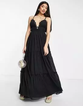 Черное ярусное платье макси с пуговицами ASOS DESIGN и кружевной отделкой ASOS DESIGN