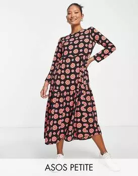 Черное ярусное платье миди с длинными рукавами и цветочным принтом ASOS DESIGN Petite