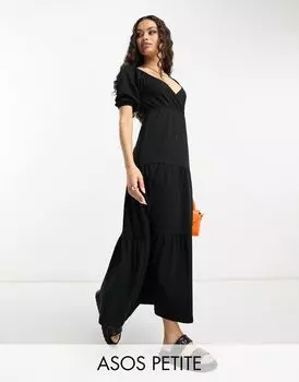 Черное ярусное платье миди с короткими рукавами и запахом ASOS DESIGN Petite