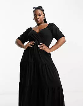 Черное ярусное платье миди с короткими рукавами и запахом ASOS DESIGN Curve
