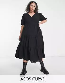 Черное ярусное платье миди с запахом спереди ASOS DESIGN Curve