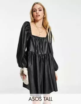 Черное ярусное платье мини из искусственной кожи с объемными рукавами ASOS DESIGN Tall