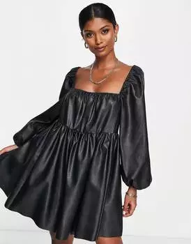 Черное ярусное платье мини из полиуретана с объемными рукавами ASOS DESIGN