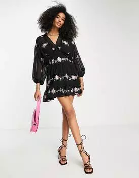Черное ярусное платье мини с вышивкой в ​​стиле 70-х ASOS DESIGN