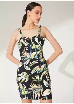 Черное разноцветное мини-платье с воротником-сердечком и узором SENRA Fabrika, черный