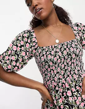 Черное розовое платье мини с присборенными рукавами и пышными рукавами Miss Selfridge