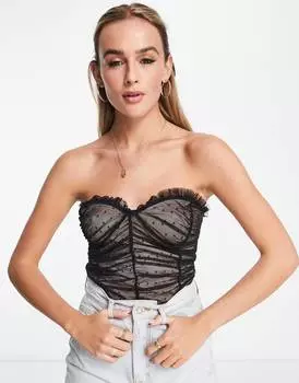 Черное сетчатое боди-бандо в горошек Miss Selfridge
