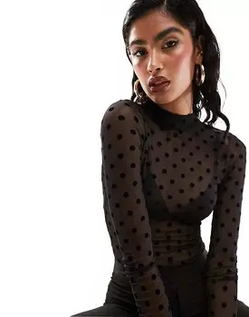 Черное сетчатое боди из флока в горошек с длинными рукавами ASOS DESIGN