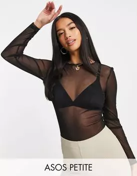 Черное сетчатое боди с длинными рукавами ASOS DESIGN Petite