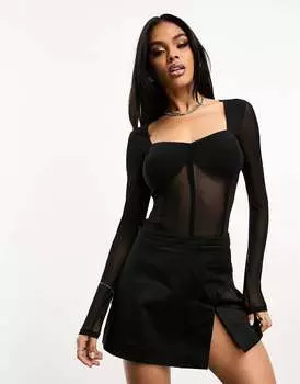 Черное сетчатое боди с корсетными швами ASOS