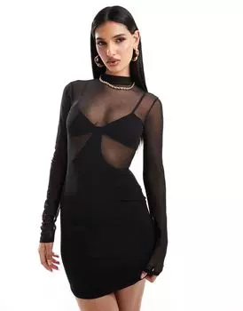 Черное сетчатое мини-платье 2 в 1 с высоким воротником и длинными рукавами ASOS DESIGN