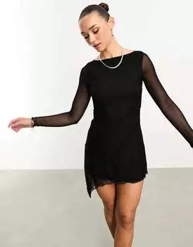Черное сетчатое мини-платье с асимметричным подолом и диагональным швом ASOS