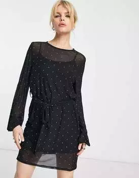 Черное сетчатое мини-платье с длинными рукавами и стразами ASOS