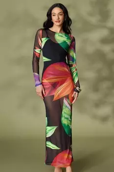 Черное сетчатое платье макси с тропическим принтом QUIZ Clothing