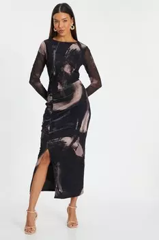 Черное сетчатое платье Midaxi с мраморным принтом QUIZ Clothing