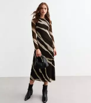 Черное сетчатое платье-миди с длинными рукавами в полоску New Look, черный