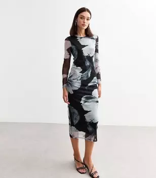 Черное сетчатое платье-миди с длинными рукавами и цветочным принтом New Look, черный