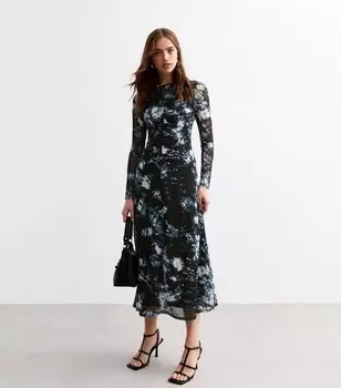 Черное сетчатое платье-миди с длинными рукавами и рюшами New Look, черный