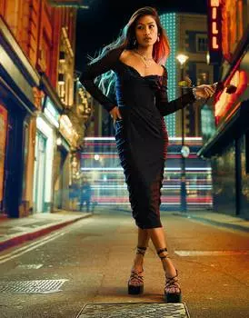 Черное сетчатое платье миди с длинными рукавами и рюшами ASOS DESIGN