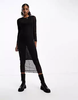 Черное сетчатое платье миди с длинными рукавами Monki