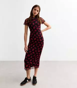 Черное сетчатое платье-миди с короткими рукавами и принтом помады New Look, черный