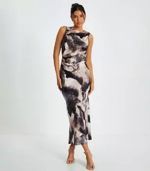 Черное сетчатое платье миди с мраморным принтом QUIZ QUIZ, черный