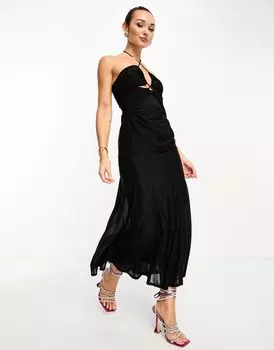 Черное сетчатое платье миди с вырезом халтер и годетами ASOS DESIGN