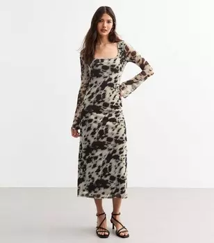 Черное сетчатое платье с длинными рукавами и коровьим принтом New Look, черный