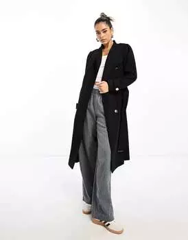 Черное шерстяное пальто макси с запахом River Island