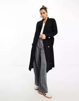 Черное шерстяное пальто макси с запахом River Island