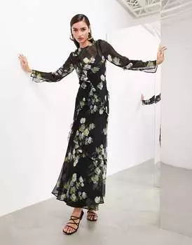 Черное шифоновое платье макси с длинными рукавами и оборками ASOS