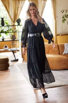 Черное шифоновое платье-макси с длинными рукавами и поясом Friends Like These, черный