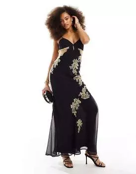 Черное шифоновое платье макси с кружевной аппликацией и косой юбкой ASOS DESIGN