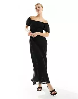 Черное шифоновое платье миди ASOS DESIGN Milkmaid с декоративной строчкой, текстурой и вырезом с открытыми плечами